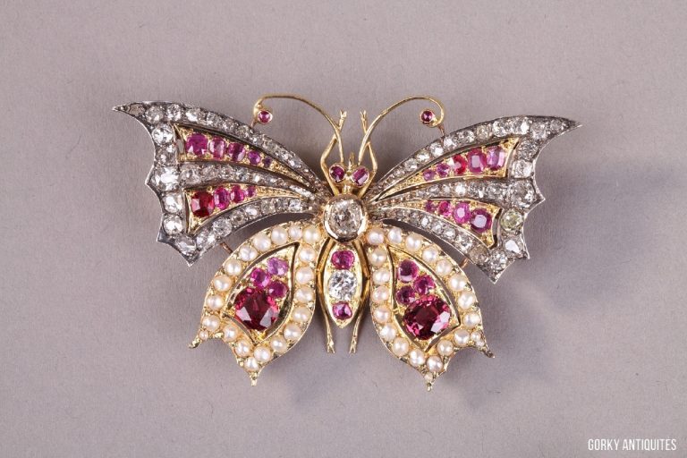 Broche Ancienne Vers 1900 – Or 18 Carats, Diamants Et émail – Pièce D'époque
