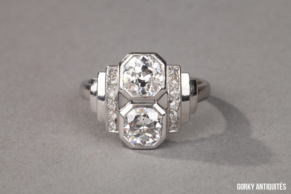 Bague Art Déco En Platine Et Diamants - Taille 50 - Époque 1930 - Occasion